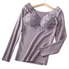 Purple lace patchwork warm long-sleeved top for women, slimming and shaping, versatile innerwear Item Picture